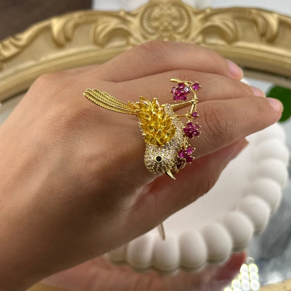 Gold Bird Statement Ring – Crystal & Ruby Red Accents 🐦✨ - Picture 6 of 13